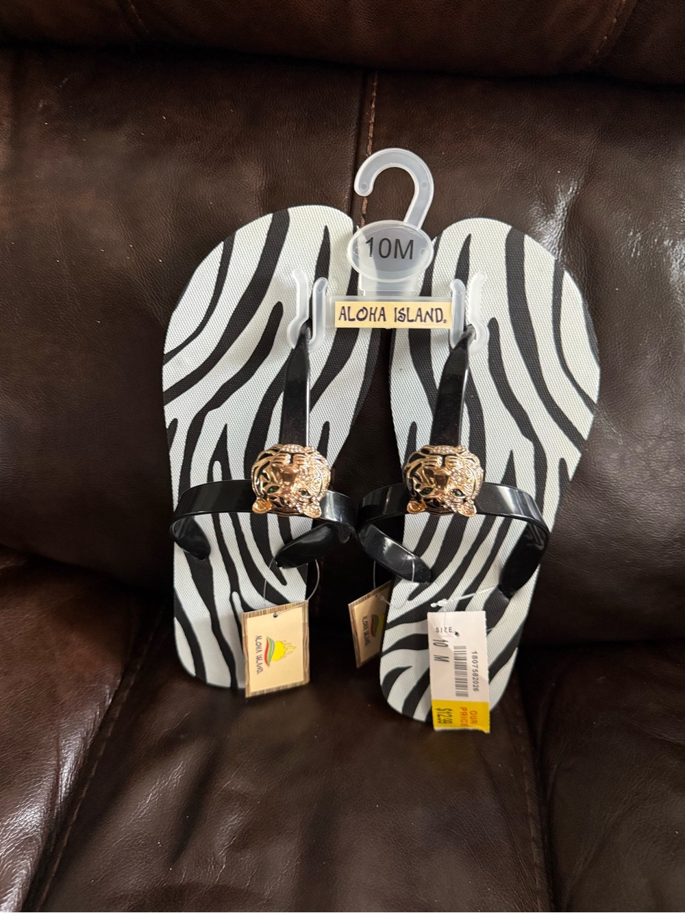 Aloha Island Black & White Zebra Flip Flops with Gold Lion Accents